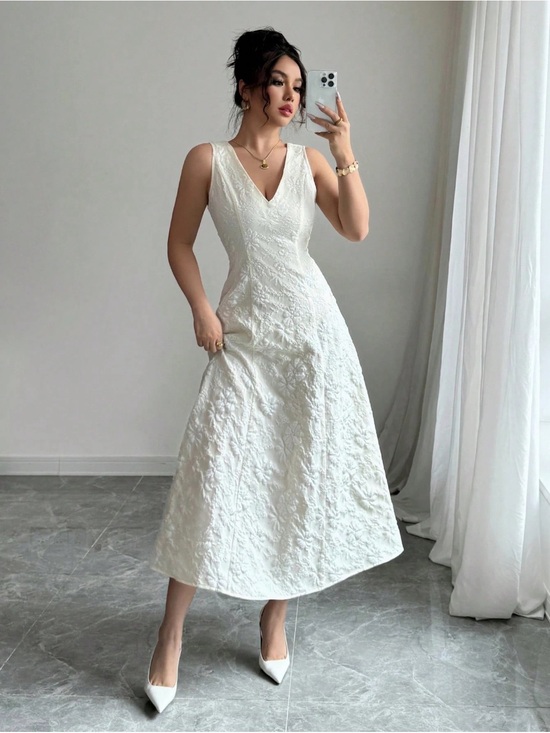& Other Stories Dresses & Skirts - & Other Stories White Textured V-Neck Midi Dress